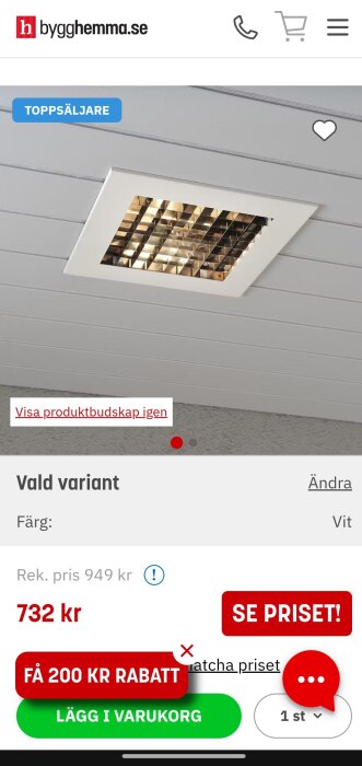 Infälld spotlight i tak från Bygghemma.se, toppsäljare, färg vit, med information om pris och rabatt.
