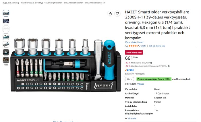 HAZET verktygssats med 39 delar, inklusive skruvbits och hylsor, presenterad i ett kompakt, svart och blått stativ bredvid ett handtag.
