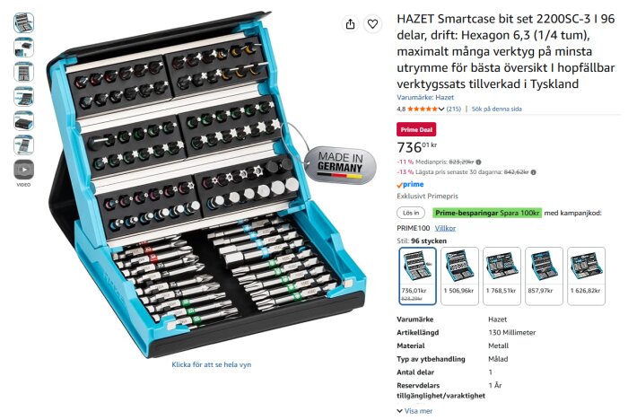 HAZET smartcase bitsats med 96 delar, hexagon 6,3 (1/4 tum), visas öppen med många sorters bits, märkningen "Made in Germany" på en tagg.