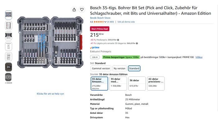 Bosch 35-delars borrbitsats, öppnad för visning av olika bits och borr i en grå plastlåda, visas på en online produktlista med rabatt.
