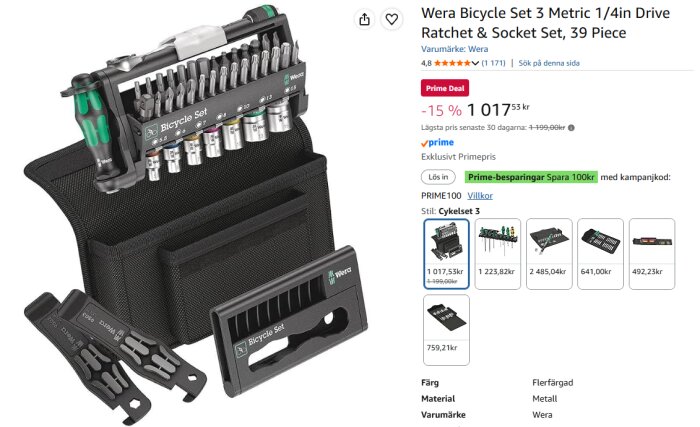 Wera Bicycle Set 3 med spärrskaft, hylsor, bits och förvaringsväska, 39 delar, visas på ett Amazon-erbjudande med rabatt och prisinformation.