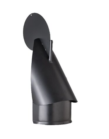 Svart takhuv i metall för ventilation, med regnskydd och fäste, sett från sidan.