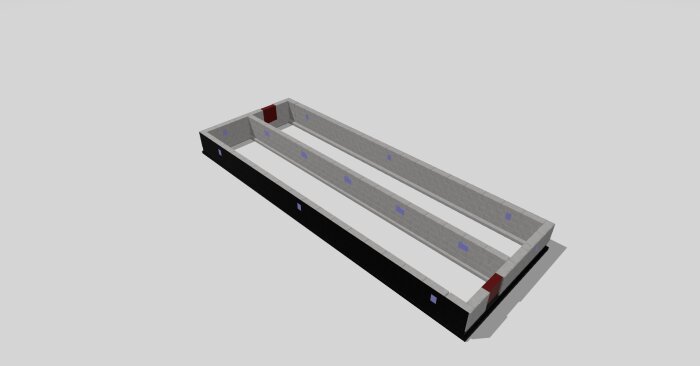 3D-modell av grundmurar i betong med ventiler och öppningar, sett uppifrån. Markeringar i blått och rött visar olika sektioner.
