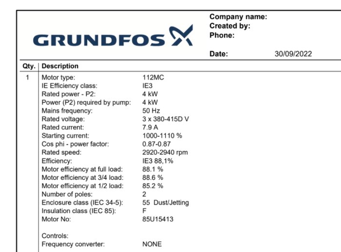 Datablad för Grundfos motor 112MC, IE3 klass, 4 kW, 50 Hz, 3 x 380-415V, 2 poler, motor nr 85U15413, verkningsgrad IE3 88,1 %, startström 1000-1110 %.