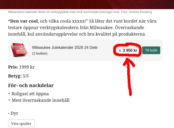 Milwaukee Julekalender 2026 24 Dele med pris 3 950 kr markerat i röd cirkel, erbjuds av 2 butiker enligt bilden.