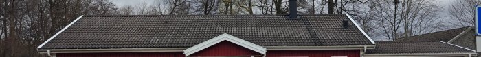 Tak till ett rött hus med grå takpannor, omgiven av träd utan löv, fotograferat efter behandling med grönfri våren 2025.