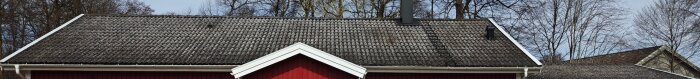 Tak på rött hus med mörkgråa takpannor, träd i bakgrunden. Behandlat mot mossa våren 2024 men ingen synlig förändring än.