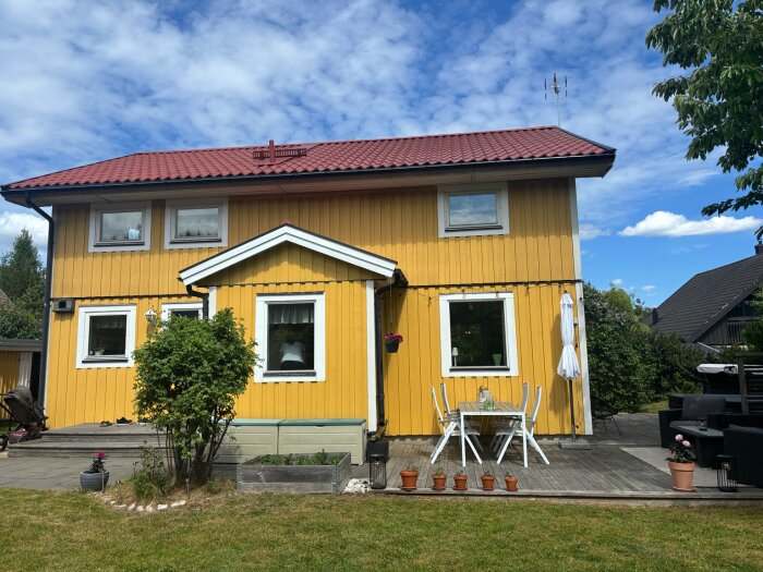 Gult hus med rött tak, träfasad och fönster. Terrass med utemöbler och krukväxter i trädgård. Blå himmel och grönska i bakgrunden.