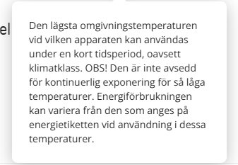 Text om lägsta omgivningstemperatur där en apparat kan användas, varning om kontinuerlig exponering och variation i energiförbrukning.