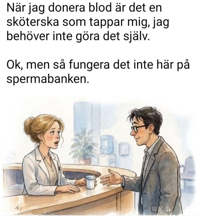 Tecknad bild av en man vid receptionen som pratar med en kvinnlig receptionist som håller ett provrör i en sjukhusmiljö.