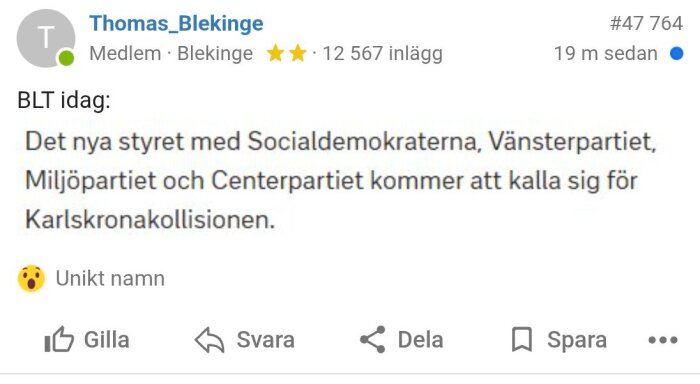 Tidningsinlägg om nytt politiskt styre i Karlskrona, benämnt "Karlskronakollisionen" med partierna S, V, MP och C. Emoticon reaktion: storögd emoji.