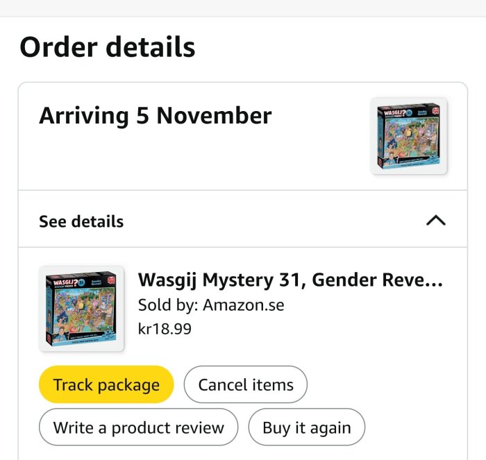Orderdetaljer för ett 1000-bitars Wasgij Mystery 31 pussel, pris 18,99 kr, med beräknad leverans den 5 november.