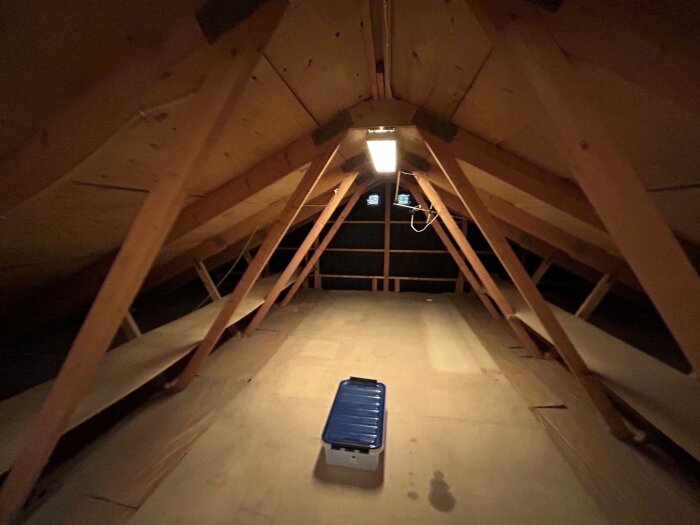 Vindsutrymme med snedtak och fackverkstakstolar, visande en plastlåda på golvet under en taklampa.