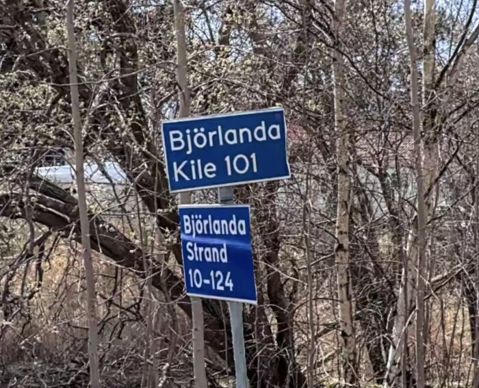 Blå vägskyltar med texten "Björlanda Kile 101" och "Björlanda Strand 10-124" framför buskage.