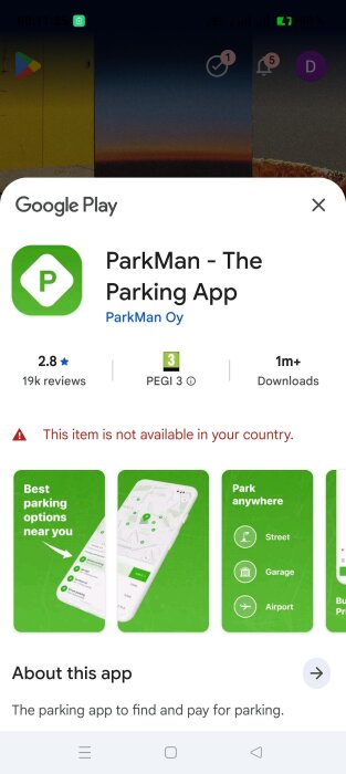 Skärmbild av Google Play med ParkMan - The Parking App, otillgänglig i nuvarande land.