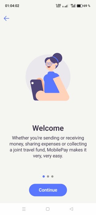 Illustration av en leende person med glasögon som håller en mobiltelefon. Texten säger "Welcome" och beskriver fördelarna med MobilePay.