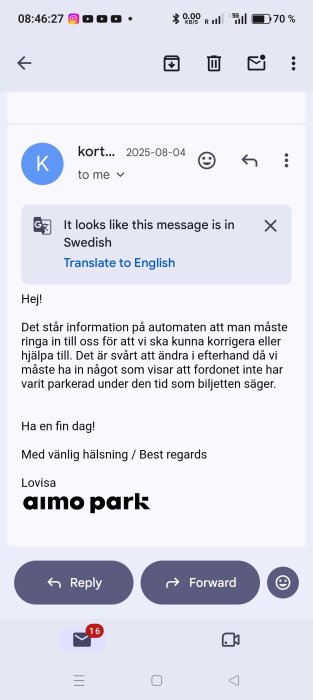 Skärmdump av ett mejl från Aimo Park gällande instruktioner för utcheckning vid parkeringsautomat, skickat den 4 augusti 2025 kl. 08:46.