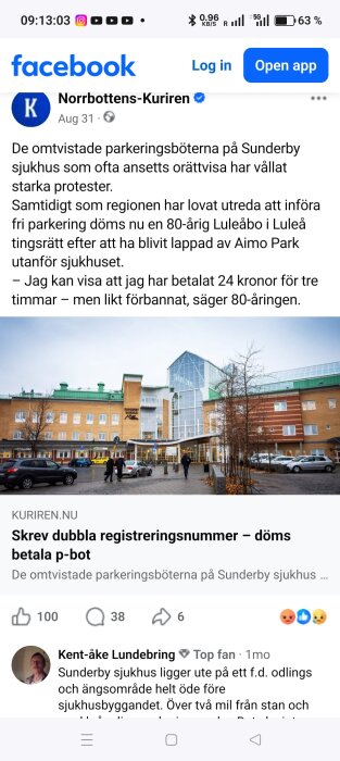 En Facebook-post av Norrbottens-Kuriren om parkeringsböter vid Sunderby sjukhus med en bild av sjukhusets ingång och parkerade bilar.