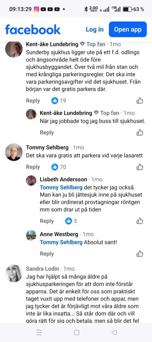 Skärmbild av Facebook-inlägg där flera användare diskuterar parkeringsavgifter vid Sunderby sjukhus och problem med sjukhusets parkeringssystem.