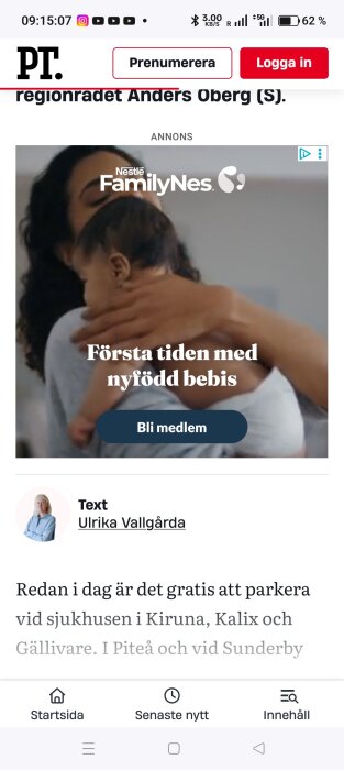 Annons med kvinna som håller nyfödd bebis, texten "Första tiden med nyfödd bebis" och Nestlé FamilyNes-logotyp.
