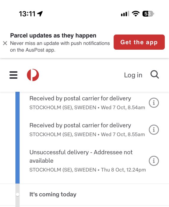 Statusuppdatering från Australiapost app visar två lyckade och en misslyckad paketleverans i Stockholm.