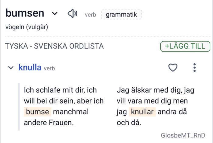 Översättning av tyska ordet 'bumsen' till svenska; visas med meningen 'Ich bumse manchmal andere Frauen' som betyder 'jag knullar andra då och då'.
