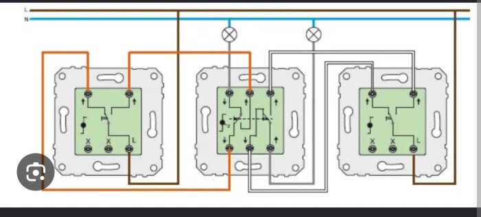 Diagram av elektrisk kopplingsschema med tre strömbrytare och tillhörande ledningar.
