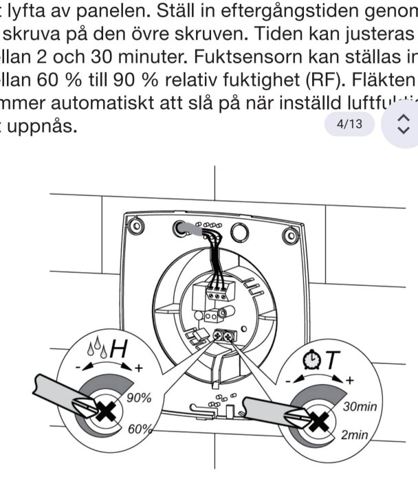 Diagram av fukt- och tidsinställningar för en fläkt, med visare för justering av fuktsensor mellan 60%-90% och tid mellan 2-30 minuter.