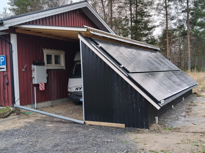 Husbil parkerad under rött skjul med solpaneler på taket och ett spirorör som leder vatten från hängränna mot diket.