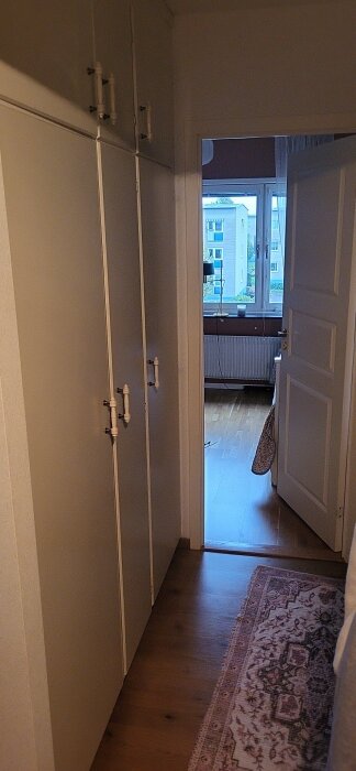 Skåp i hall med dörr som vetter mot ett rum med fönster, ljusinsläpp och utomhusutsikt.