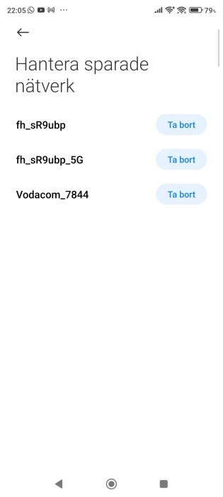 Skärmavbild av telefonens inställning för att hantera sparade wifi-nätverk, inklusive nätverken fh_sR9ubp, fh_sR9ubp_5G och Vodacom_7844.