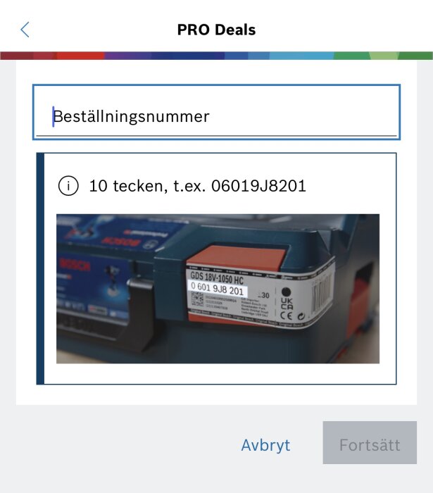 Etikett på Bosch verktygslåda med beställningsnummer GDS 18V-1050 HC, nummer 0 601 9J8 201, visas på en skärm med PRO Deals formulär.