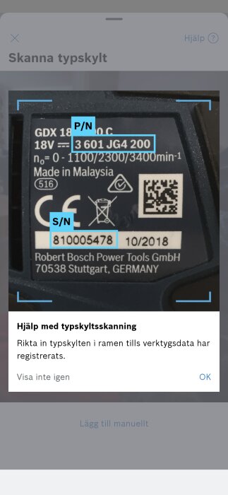 Typplatta på Bosch-verktyg visar artikel- och serienummer för skanning: P/N 3 601 JG4 200, S/N 810005478.