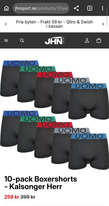 10-pack herrboxershorts i svart med resår i olika färger: blå, grön, och röd, med texten "UOMO" på midjebandet.