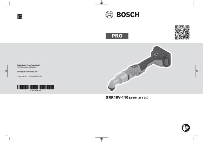Bosch GRR 18V-110 vinkelbitsdragare med slimmad design och roterbart huvud, visas mot en grå bakgrund med logotyper och produktinformation.