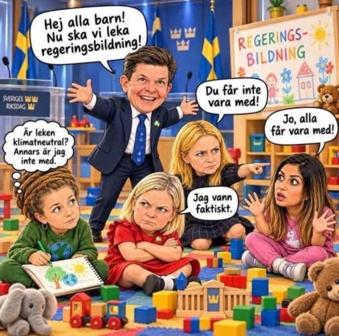 Tecknad bild av svenska politiker som leker regeringsbildning i ett klassrum. Dialogbubblor visar humoristiska kommentarer om klimat och deltagande.