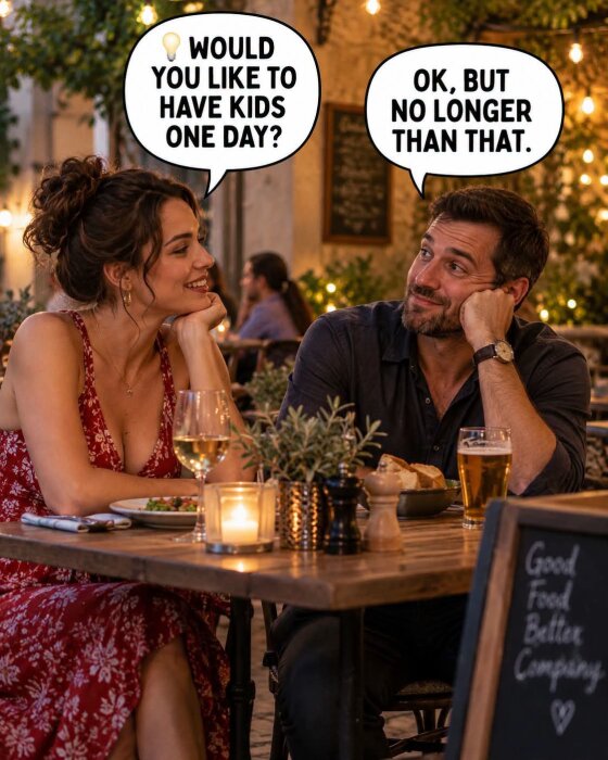 A couple having a lighthearted conversation at a cozy, candlelit restaurant.
