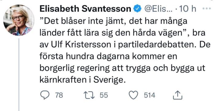 En skärmdump av ett Twitter-inlägg som diskuterar Ulf Kristersson och Sveriges kärnkraftspolitik under de första 100 dagarna av en borgerlig regering.