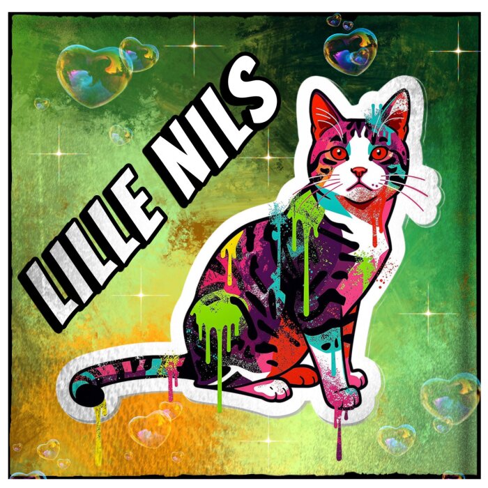 Färgglad tecknad katt med texten "LILLE NILS" på en grön bakgrund med hjärtformade bubblor och glittrande stjärnor.