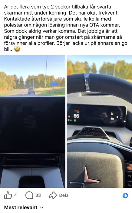Bild på en bils interiör med en svart skärm och en ratt med Polestar-logotypen, mot en bakgrund av en landsväg och träd.