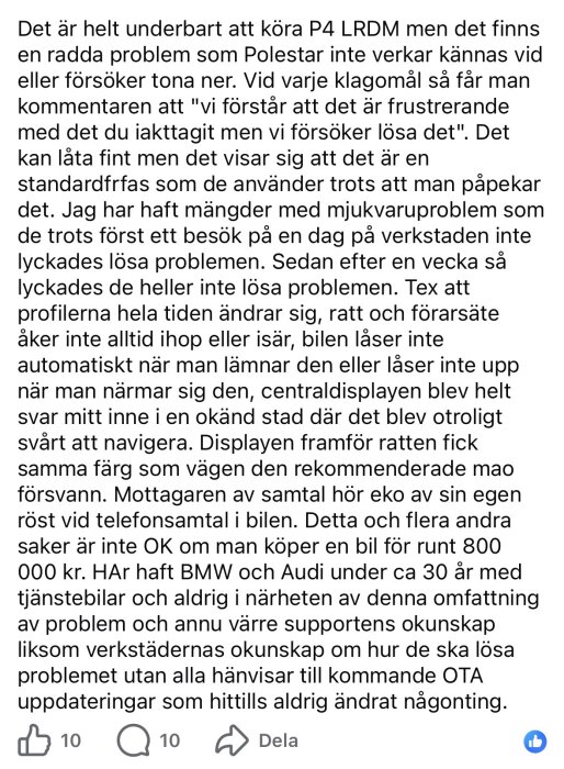 En användares kritik av Polestar 4, med fokus på mjukvaruproblem och bristande kundsupport, postad i en forumdiskussion.