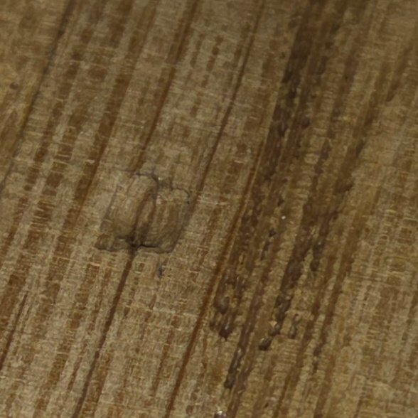 Närbild på ett trä- eller laminatgolv med ett märke uppskattat till mellan 1 och 3 cm stort. Golvet är 2-3 år gammalt.