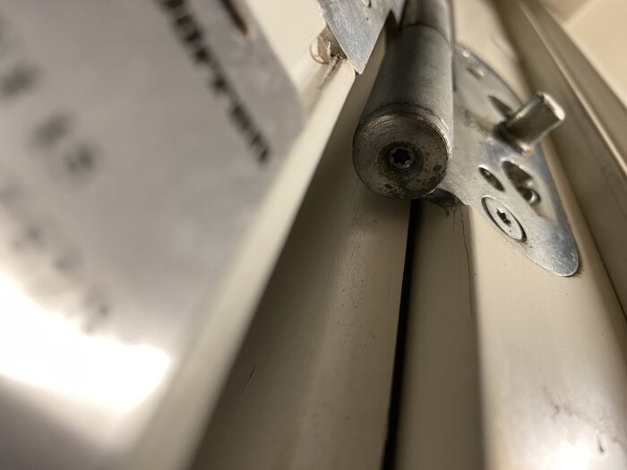 Närbild av ett justerbart gångjärn på en dörr med synlig skruv i mittpunkten, monterat mot en metallplatta på dörrkarmen.