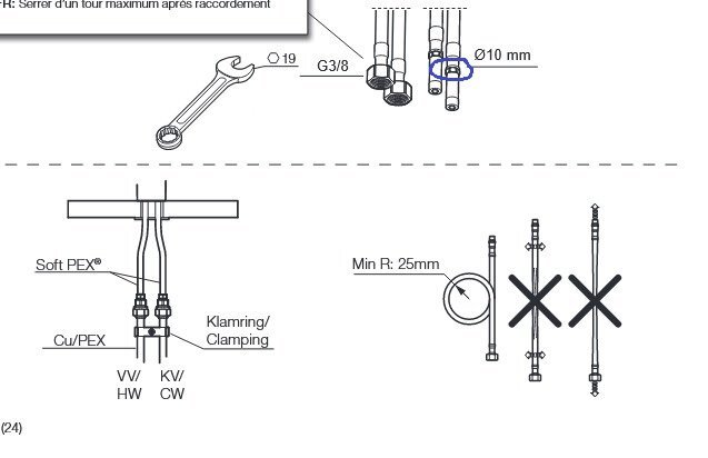 Illustration av köksblandare FMM 9000 med fokus på anslutningen mellan Soft-Pex rör och 10 mm koppling, inringad där vattenskada uppstått.