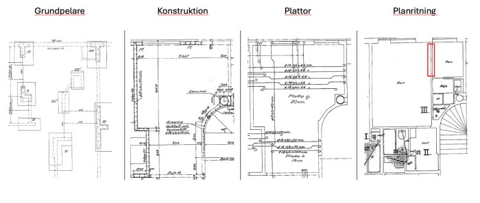 Fyra arkitektritningar som visar grundpelare, konstruktion, plattor och planritning av en lägenhet, med fokus på en rödmarkerad vägg.