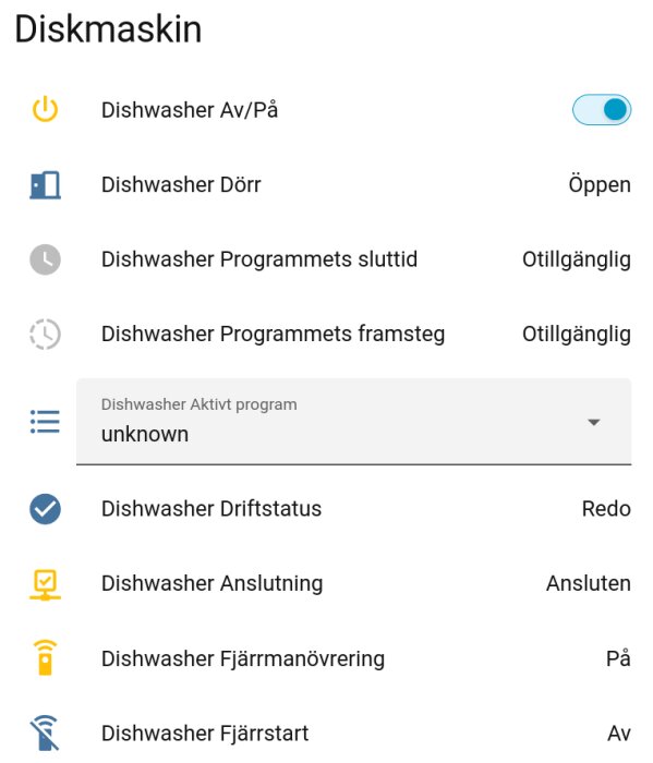 Skärmbild av Home Assistant-gränssnitt som visar status för diskmaskin, inklusive av/på, dörrstatus, programinformation, fjärrmanövrering och anslutning.