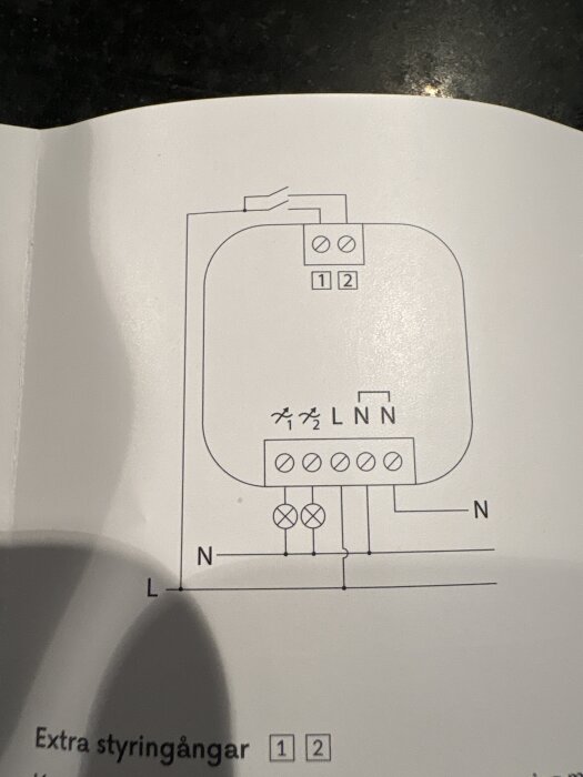 Elektrisk kopplingsschema med L och N markeringar samt anslutningar för extra styringångar 1 och 2.