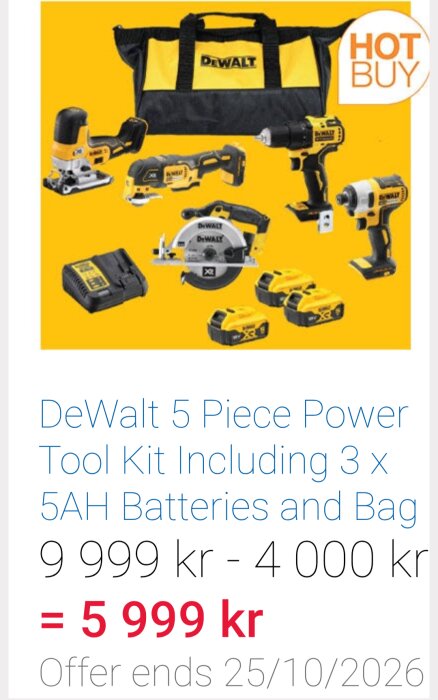 DeWalt verktygskit med fem delar, inklusive batterier och väska, specialerbjudande för 5 999 kr. Finns på Costco, gäller till 25/10/2026.