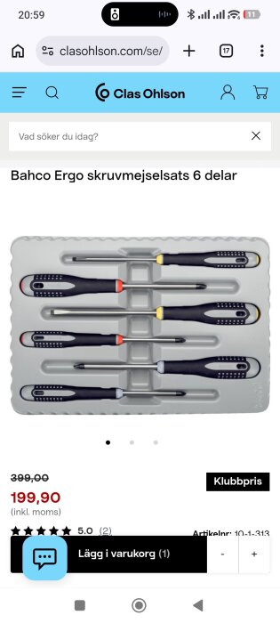 Bild på Bahco Ergo skruvmejselsats med sex delar i en grå förpackning från Clas Ohlsons webbshop, visar klubbrabattpris.