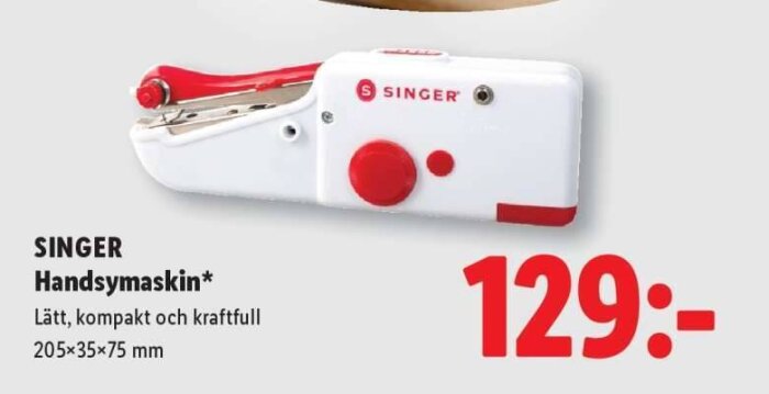 Singer handsymaskin, vit och röd, lätt och kompakt, 205x35x75 mm, pris 129 kr.